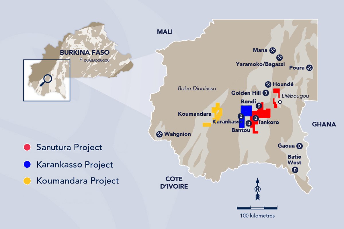 Carte présentant les sites d'intervention de la compagnie minière SARAMA au Burkina Faso